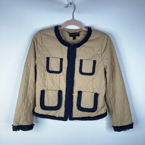 J. Crew Tan Navy Quilted Lady Jacket Blazer Braided Trim Accents Classic Size 2
